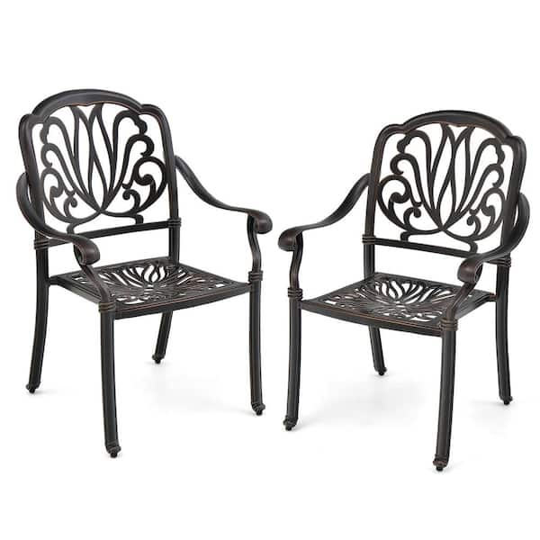 Gymax 2-Pieces Cast Aluminum Chairs Set of 2 Stackable Patio Dining Chairs with Armrests