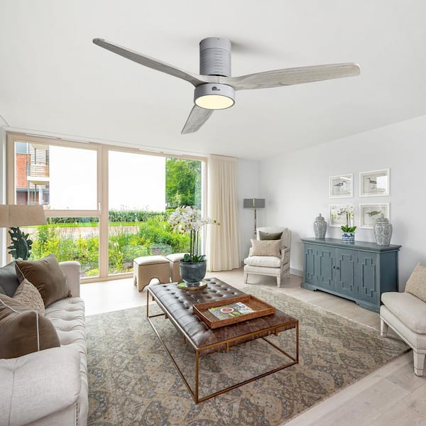 52 in. Smart Indoor Silver Low Profile Modern Ceiling Fan with Dimmable LED Light and Remote Included