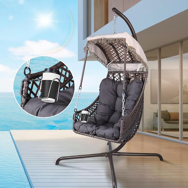 Swing Egg Chair with Stand Indoor Outdoor UV Resistant Cushion Hanging Hammock Chair with Holder