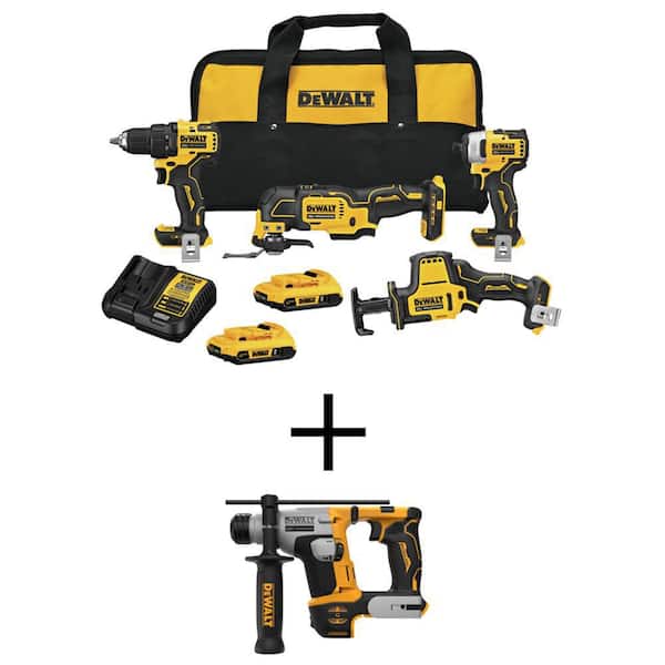 DEWALT ATOMIC 20V MAX Cordless Brushless 4 Tool Combo Kit and ATOMIC 20V MAX Ultra-Compact 5/8 in. SDS and Hammer Drill