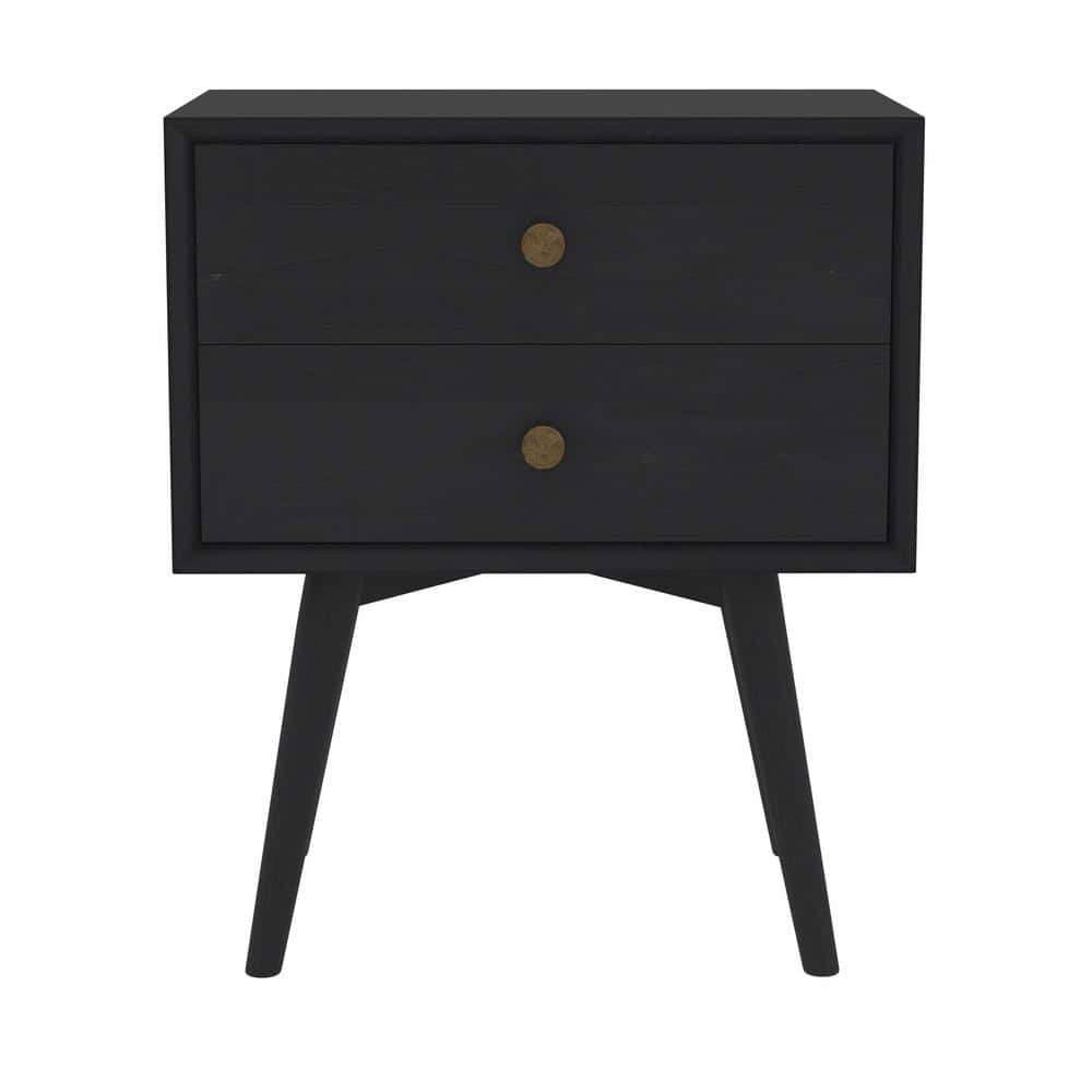Walker Edison Furniture Company 20 in. W 2Drawer Black Solid Wood Mid Century Modern Nightstand