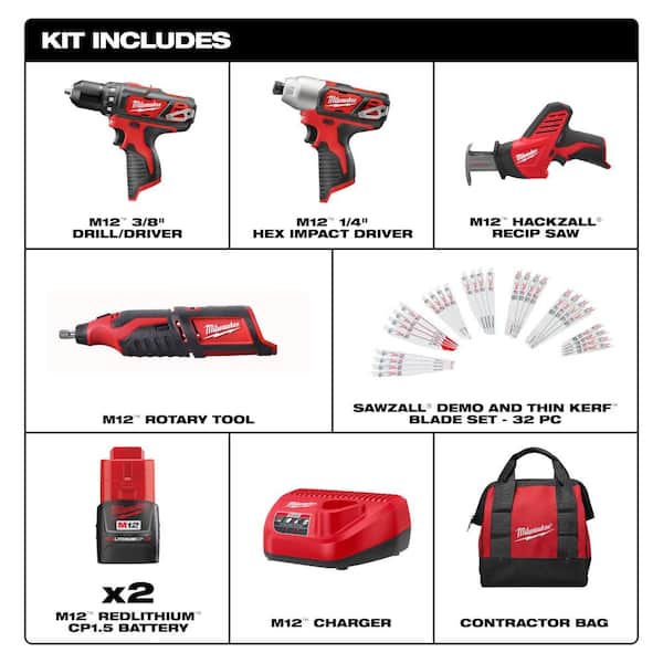 M12 12V Li-Ion Cordless 4-Tool Combo Kit w (2) Compact 1.5Ah Batteries, Charger with Reciprocating Saw Blade Set (32-Pc)