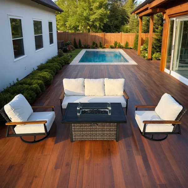 Manbo 4-Piece Gray Wicker Patio Fire Pit Seating Set with Cast Natural Cushions and Rectangular Fire Pit Table