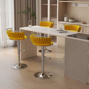38.5 in. Modern Silver Metal Frame Low Back Swivel Adjustable Height Bar Stool with Yellow Velvet Seat (set of 4)