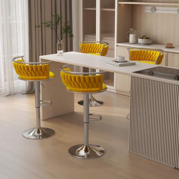 Uixe 38.5 in. Modern Silver Metal Frame Low Back Swivel Adjustable Height Bar Stool with Yellow Velvet Seat (set of 4)