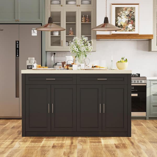 FUFU&GAGA Marble Wood Grain Top 61 in. W Kitchen Island FUFU&GAGA Marble Wood Grain Top 61 in. W Kitchen Island