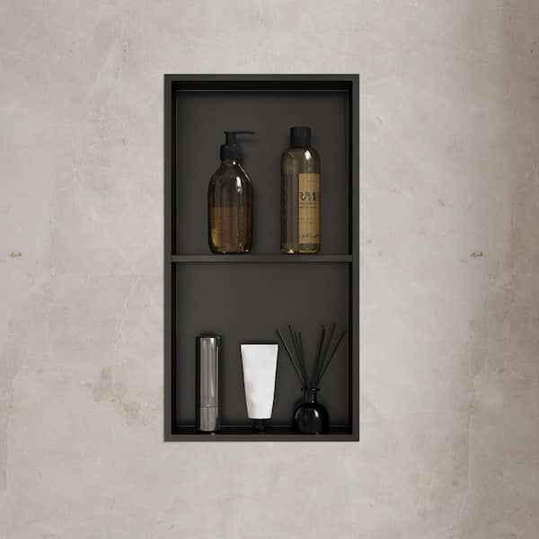 13 in. W x 25 in. H x 4 in. D Stainless Steel Shower Niche Double Shelf in Matte Black with Drainage Holes
