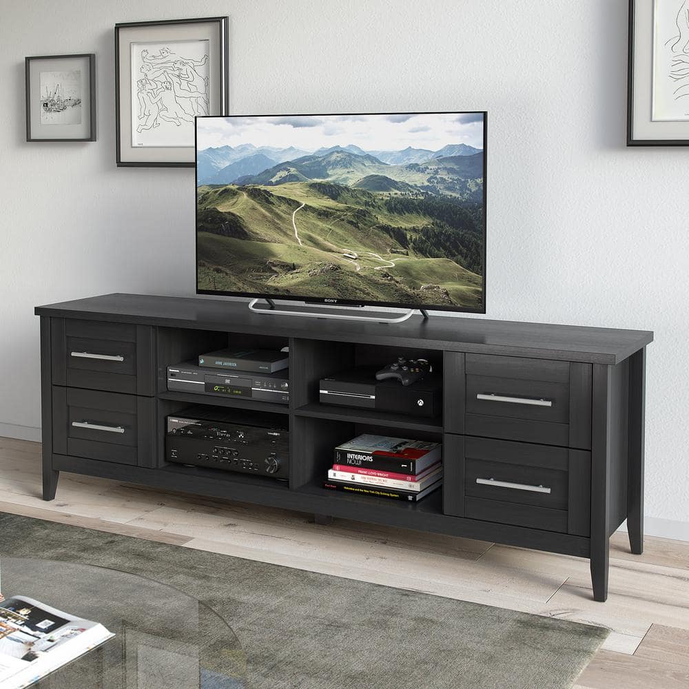 Elegant Black Wood Grain Extra-Wide TV Stand with Nickel Handles