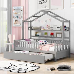 Gray Twin Size Wooden House Bed with Roof, Shelves, Fence and Trundle