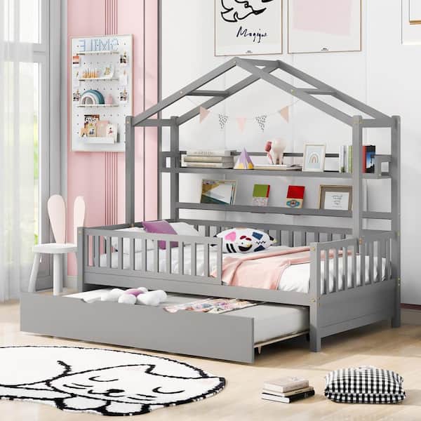Harper & Bright Designs Gray Twin Size Wooden House Bed with Roof, Shelves, Fence and Trundle