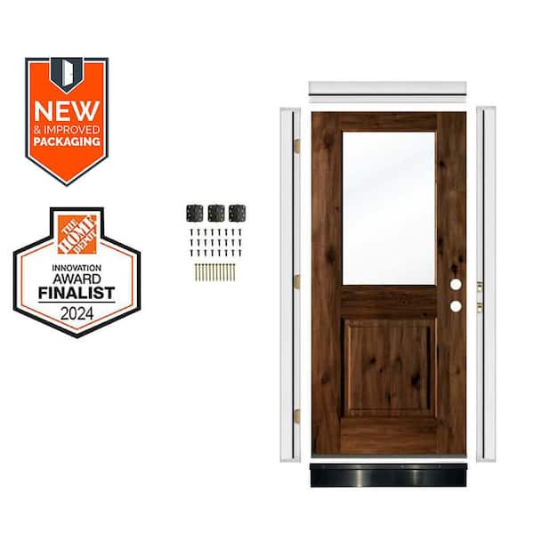 DIY 36in.x80in. Modern Farmhouse Left-Handed Half Clear Glass Provincial Stain Wood Front Door Kit w/Quick Assemble Jamb