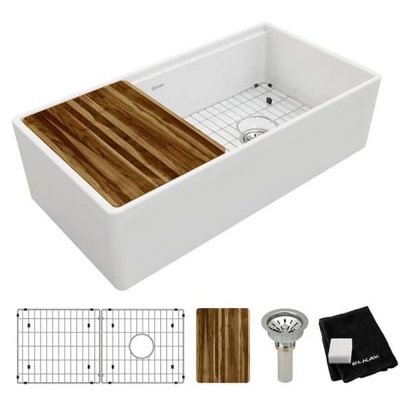 36 in. Farmhouse/Apron-Front Single Bowl White Fireclay Kitchen Sink with Drain, Cutting Board, and Bottom Grid