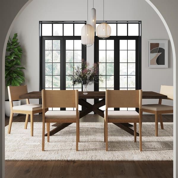 Linus 19 in. Modern Upholstered Dining Chair with Faux Leather Back and Solid Wood Wire-Brushed Legs, Light Brown