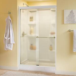 Crestfield 48 in. x 70 in. Semi-Frameless Traditional Sliding Shower Door in White and Brass with Droplet Glass