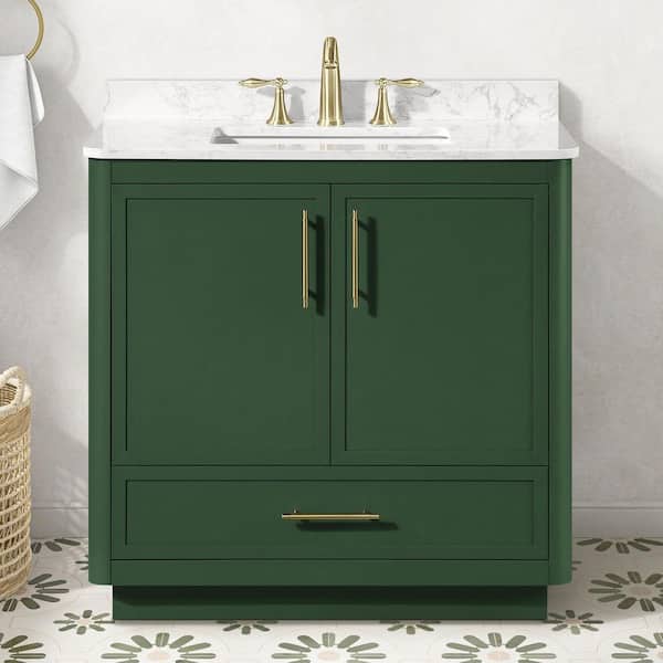 Tamsin 36 in. Single Sink Forest Green Bath Vanity with White Round Corner Engineered Marble Top (Assembled)