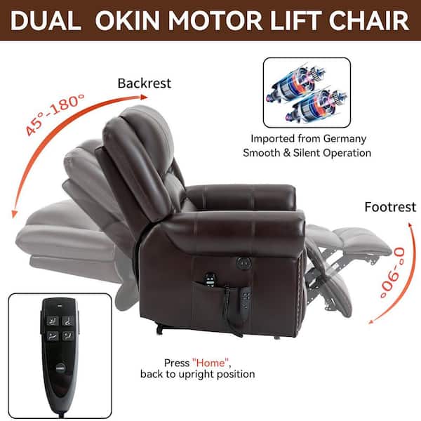 Brown Faux Leather Power Lift Recliner Media Chair Massage Heated Dual Motor Heavy Duty with USB Ports for Elderly