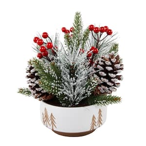 8.5 in. H Christmas Arrangement in 6 in. White Ceramic Reverse Tree Pot with Pinecones and Berries