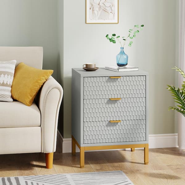BYBLIGHT Grey 3-Drawer 15.7 in. W Nightstand Bedside Table for Bedroom