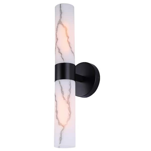 CANARM Kristella 5.125 in. 2-Light Black Wall Sconce with Marbled Glass Shade