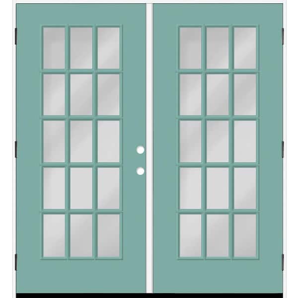 Reliant 64 in. x 80 in. Full Lite 15L-SDL Clear Glass RHOS Quarry Finish Fiberglass Double Prehung Front Door 6 in. Jamb
