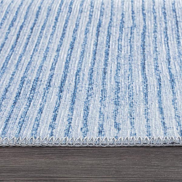 Blue 3 ft. 3 in. x 5 ft. Contemporary Distressed Stripe Machine Washable Area Rug