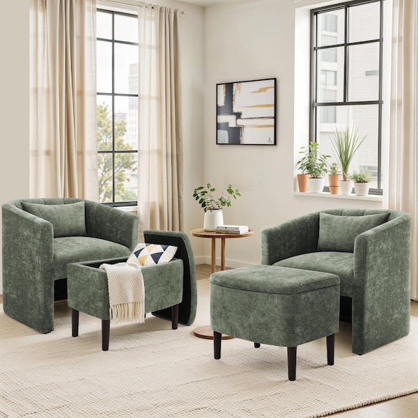 Grayish Green Chenille Upholstered Accent Chair Open-Design Hollow Base Armchair with Multifunctional Ottoman (set of 2)