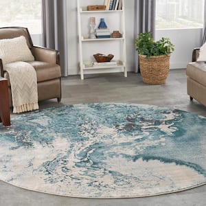 Maxell Ivory/Teal 8 ft. x 8 ft. Abstract Contemporary Round Area Rug