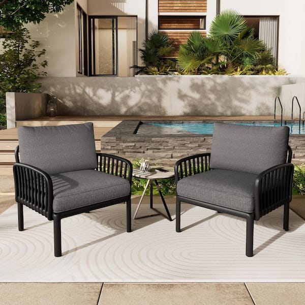 Modulo Black Plastic Frame Outdoor Patio Lounge Chair with Dark Grey Cushions, Set of 2