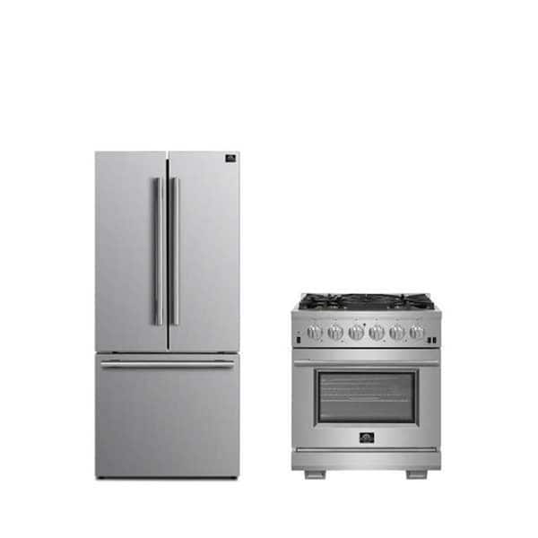 2-Piece Bundle-Capriasca 30" 5 Burner Range, Gallipoli 30" French Door Refrigerator Bottom Freezer in Stainless Steel
