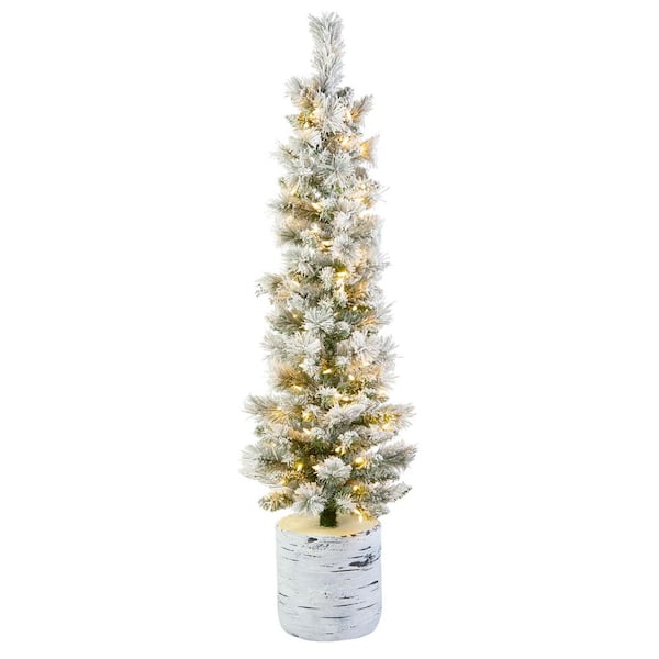 National Tree Company 4.5 ft. Pre-lit Artificial Snowy Methow Pencil Hinged Entrance Tree, 100 Warm White LED Lights-UL