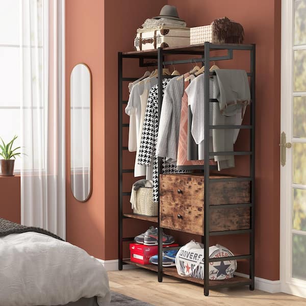 Tribesigns Corner Closet Organizer, L Shaped Garment Rack with Shelves and  2 Fabric Drawers for Bedroom, Rustic Brown 