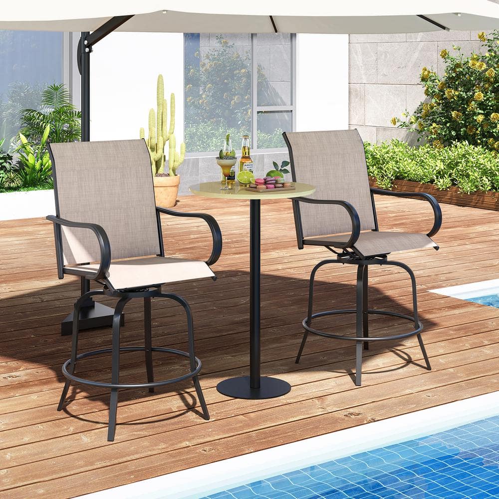 2 Pieces Swivel Metal Outdoor Bar Stool with Armrests, Light Gray