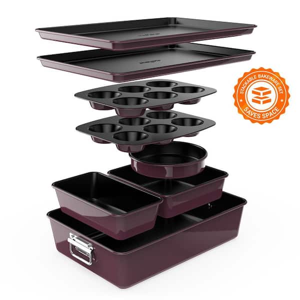 NutriChef 8-Piece Stackable Carbon Steel Bakeware Sets - Non-Stick Coating, Bake Tray Sheet Bakeware Set (Purple)