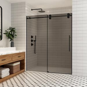 Echarri 68 in. W x 78 in. H Single Sliding Frameless Shower Door in Matte Black with Tinted Glass