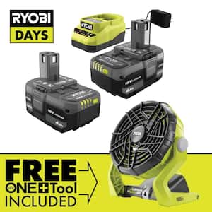 ONE+ 18V Lithium-Ion 4.0 Ah Compact Battery (2-Pack) and Charger Kit with Free Hybrid Portable Fan