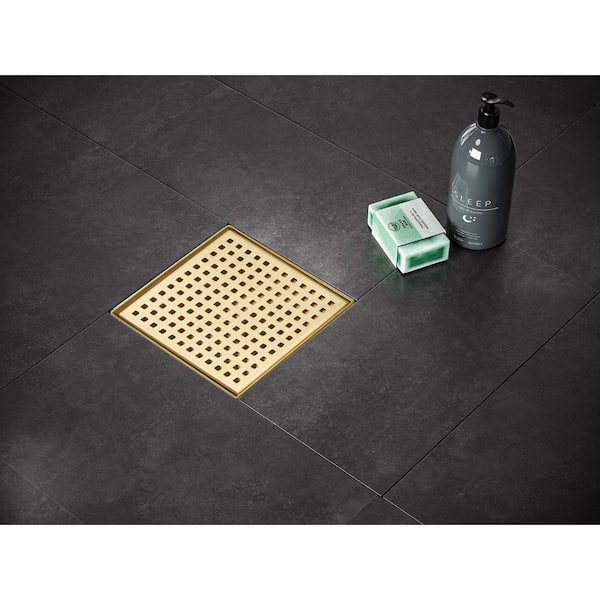 4 in. Square Stainless Steel Shower Drain with Square Hole Pattern and Zirconium Gold Plating