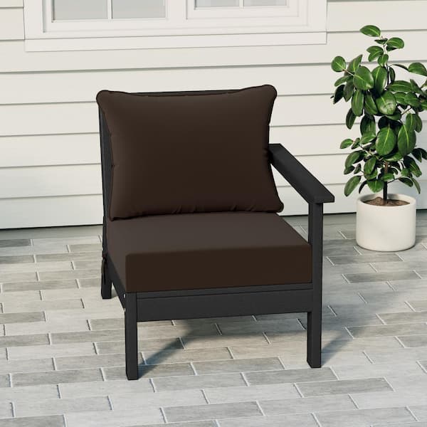 Birchwood Outdoor Patio Deep Seating Right Facing Arm HDPE Lounge Chair in Black with Brown Cushions