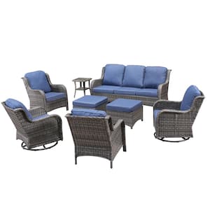 Moonlight Gray 8-Piece Wicker Patio Conversation Seating Sofa Set with Denim Blue Cushions and Swivel Rocking Chairs