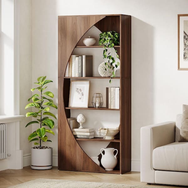 BYBLIGHT Eulas 71 in. Tall Walnut Wood 5-Shelf Standard Bookcase, Modern Open Storage Shelves for Living Room,Bedroom,Home Office