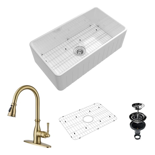 Boyel Living 33 in. Farmhouse/Apron-Front Single Bowl Fireclay Kitchen Sink with Brushed Gold Faucet, Bottom Grid and Strainer Basket