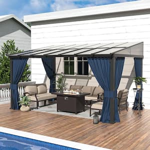 10 ft. x 14 ft. Brown Hardtop Wall Mounted Gazebo with Sloping Pitched Roof and Curtain Navy Blue