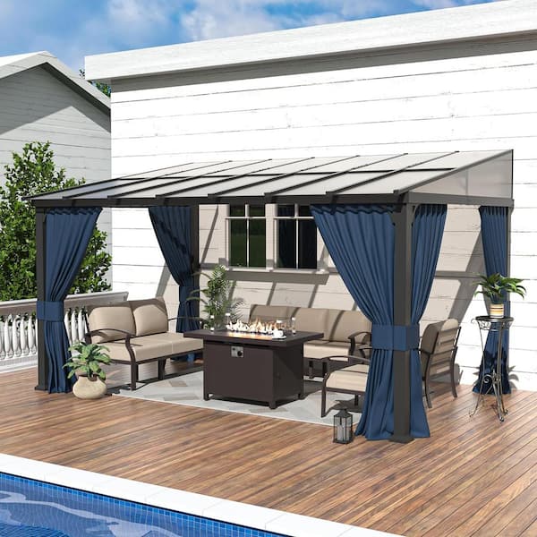 Halmuz 10 ft. x 14 ft. Brown Hardtop Wall Mounted Gazebo with Sloping ...