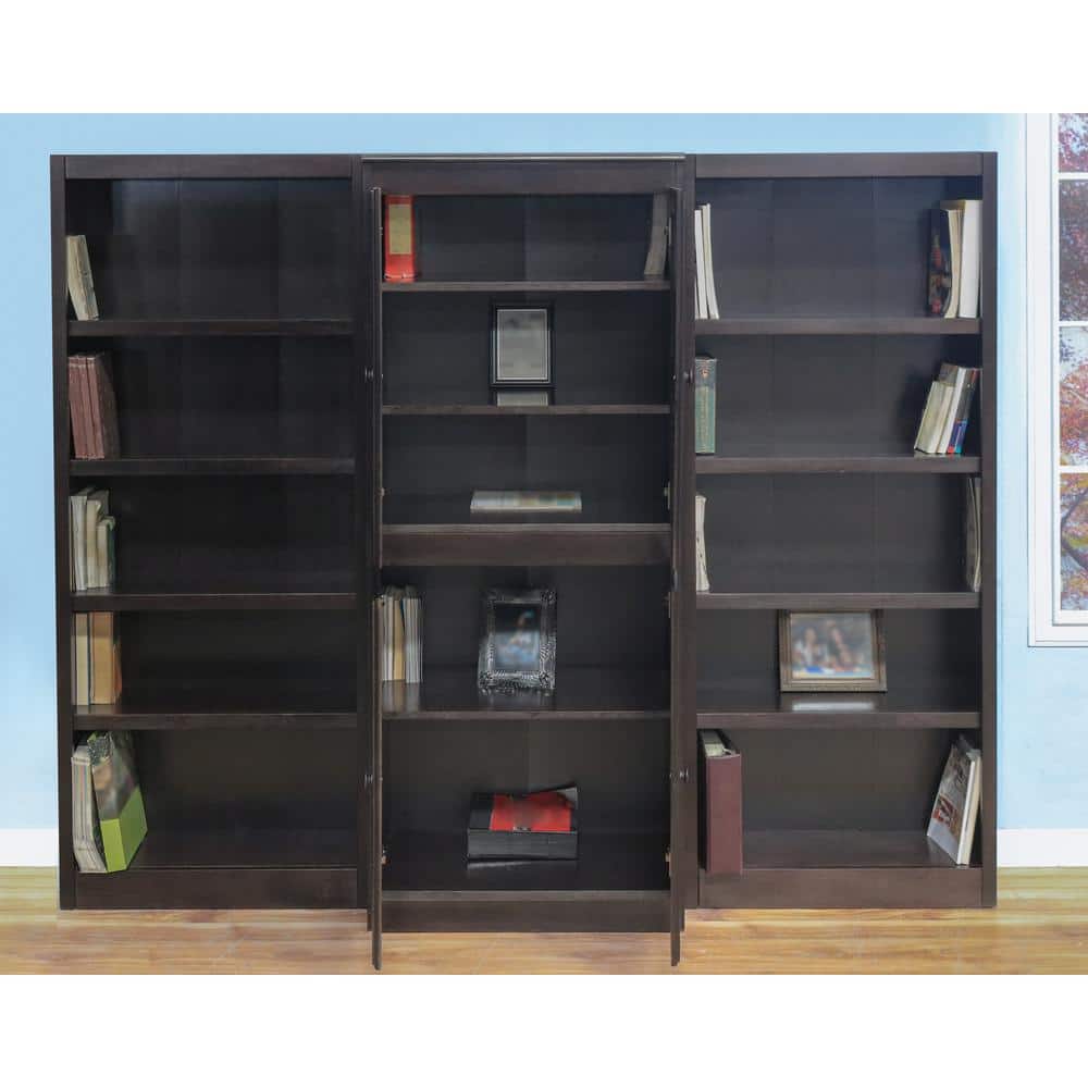 Espresso Finish Adjustable Wood Bookcase Wall with Doors, 72" Tall