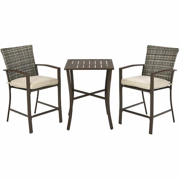 Gymax 3-Pieces Patio Wicker Bar Set Outdoor Conversation Furniture Set with Beige Cushions