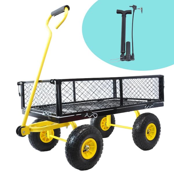 3.5 cu. ft. Removable Sides Metal Mesh Garden Cart with Pneumatic Wheels, 600 lbs. Capacity, Yellow and Black