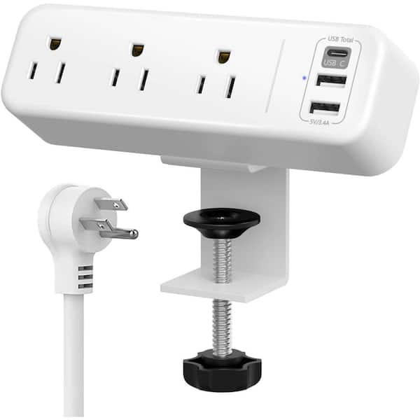 Lukyamzn 3-Outlet Desk Clamp Power Strip with USB Port and 6.5 ft. Plug Extension Cord in White