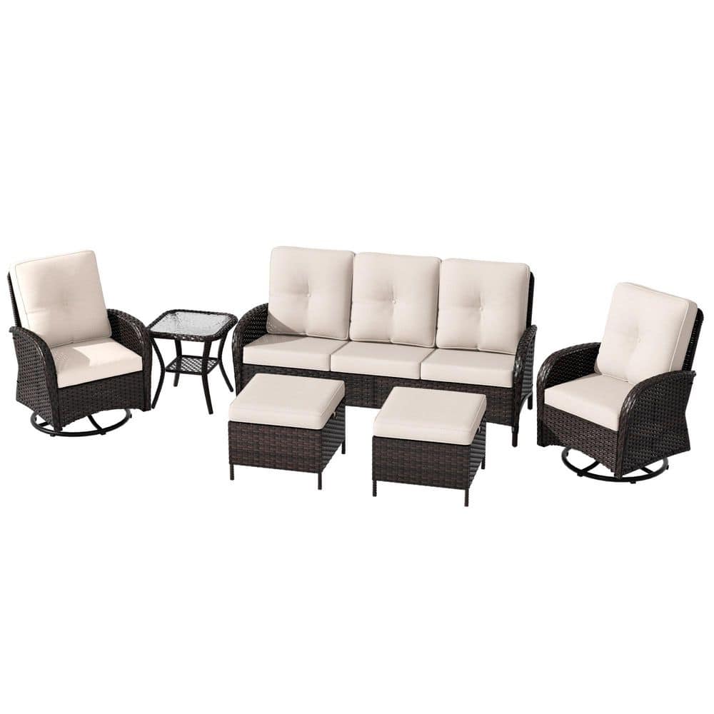 6-Piece Dark Brown Wicker Outdoor Chat Set Patio Sofa Set with Swivel Rocking Chairs, Ottomans and Beige Cushions price history on PriceWatchPro
