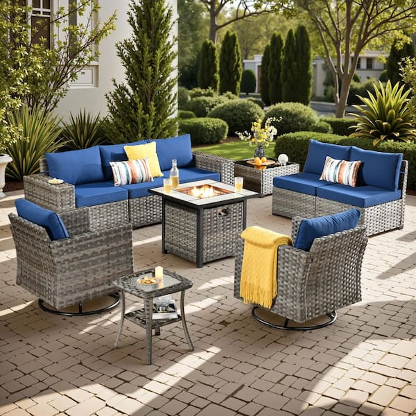 Baldwin Gray 10-Piece Wicker Wide Arm Outdoor Patio Sofa Sectional Set with Square Fire Pit and Navy Blue Cushions