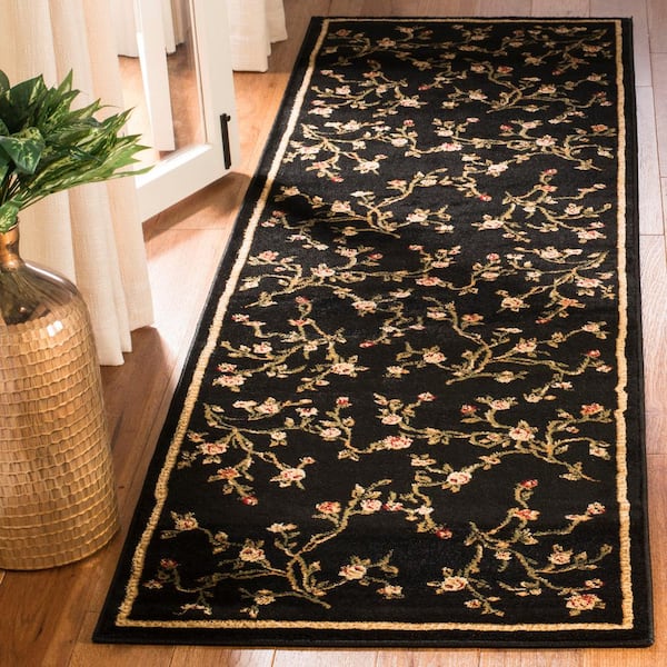Lyndhurst Black 2 ft. x 8 ft. Solid Border Floral Runner Rug