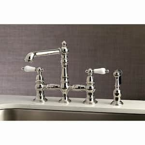 English Country 2-Handle Bridge Kitchen Faucet with Side Sprayer in Polished Nickel